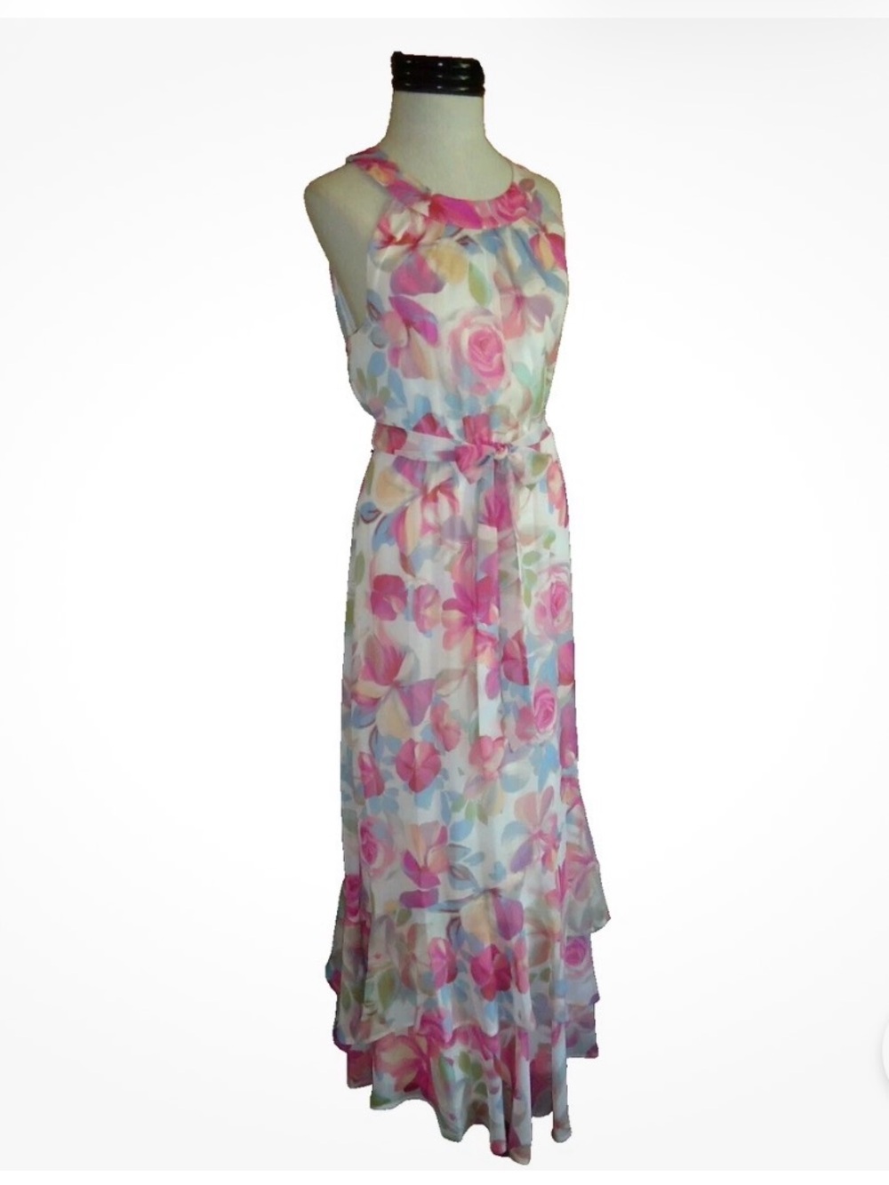 Calvin Klein Size 4 Maxi Dress Floral Chiffon Halter Neck Tiered Skirt Belted